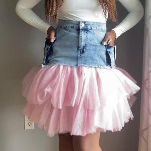 New | Denim Skirt with Pink Tulle